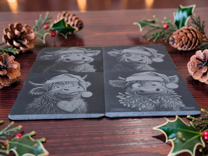 Christmas Highland Cow Slate Coasters Set of 4