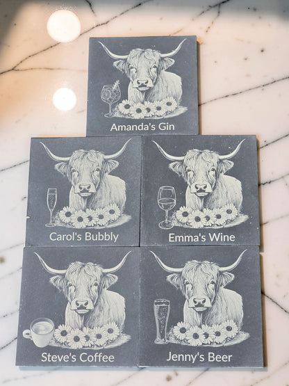 Personalised Highland Cow Slate Coaster (Gin, Wine, Beer, coffee and Bubbly)