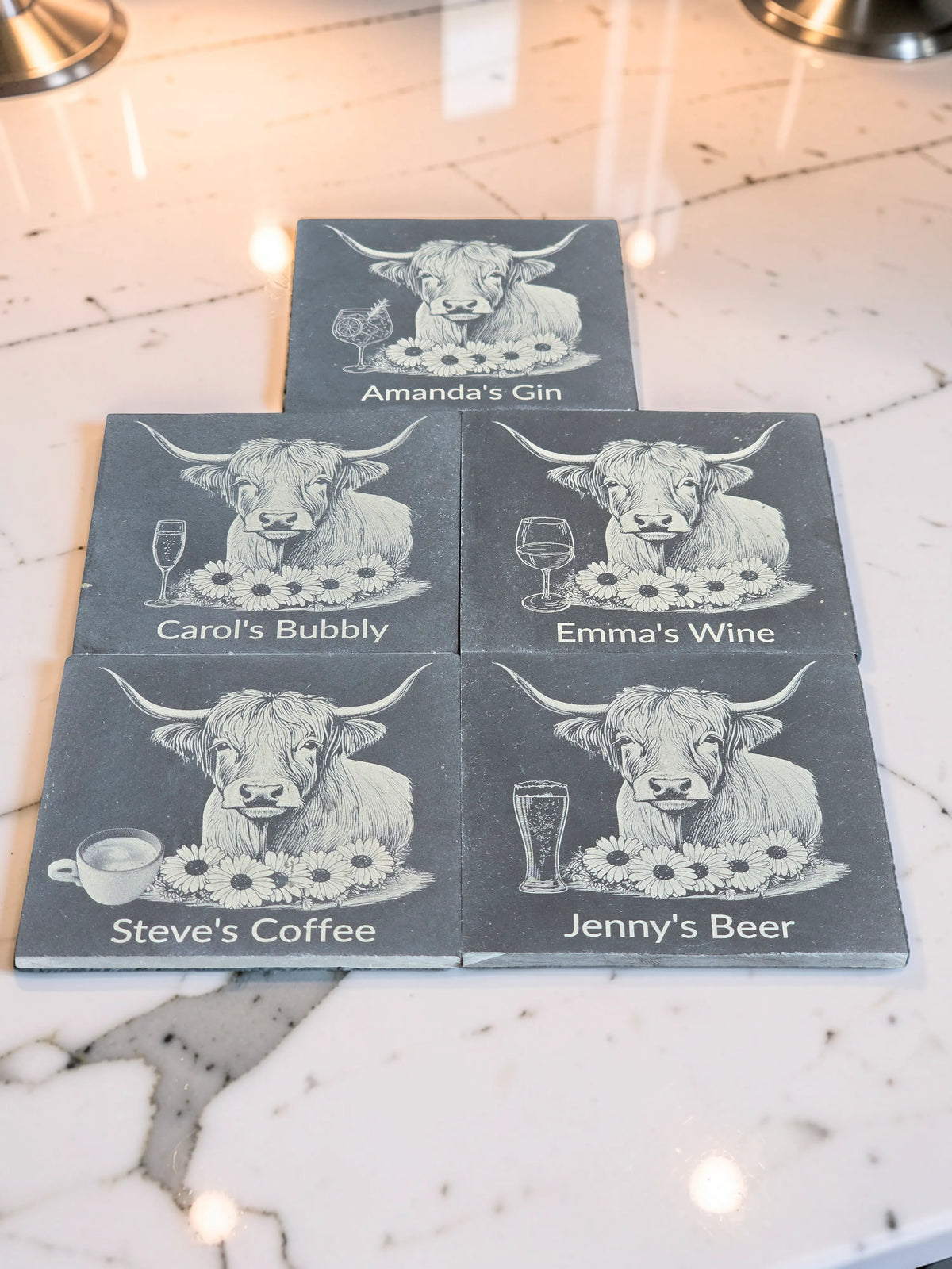 Personalised Highland Cow Slate Coaster (Gin, Wine, Beer, coffee and Bubbly)