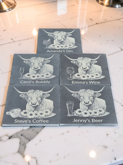 Personalised Highland Cow Slate Coaster (Gin, Wine, Beer, coffee and Bubbly)