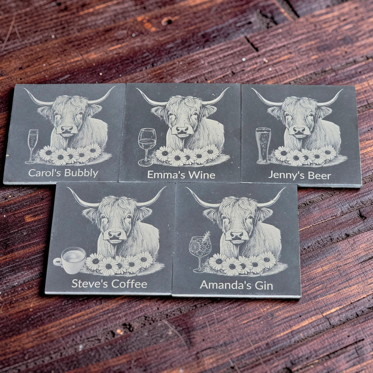 Personalised Highland Cow Slate Coaster (Gin, Wine, Beer, coffee and Bubbly)