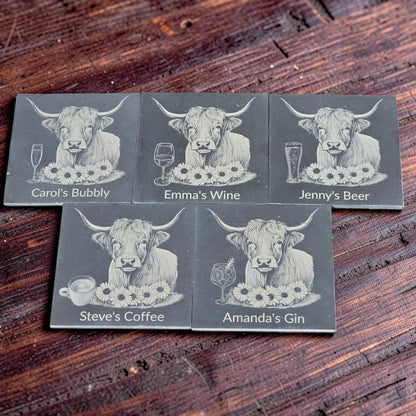 Personalised Highland Cow Slate Coaster (Gin, Wine, Beer, coffee and Bubbly)