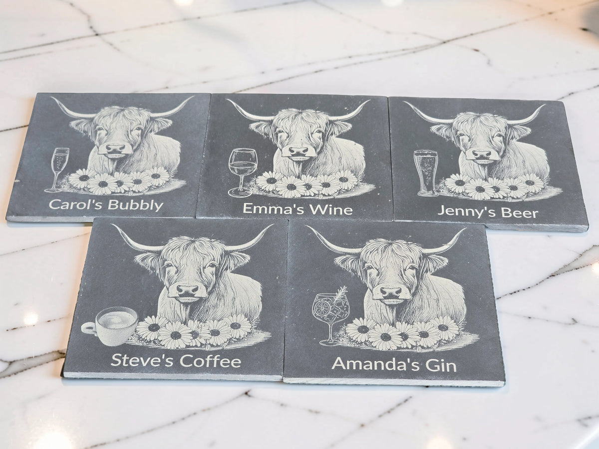 Personalised Highland Cow Slate Coaster (Gin, Wine, Beer, coffee and Bubbly)