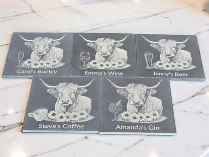 Personalised Highland Cow Slate Coaster (Gin, Wine, Beer, coffee and Bubbly)