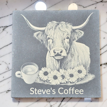 Personalised Highland Cow Slate Coaster (Gin, Wine, Beer, coffee and Bubbly)