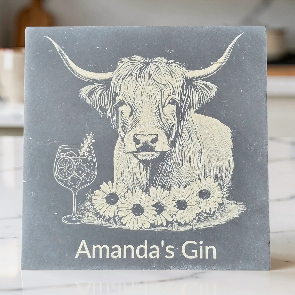 Personalised Highland Cow Slate Coaster (Gin, Wine, Beer, coffee and Bubbly)