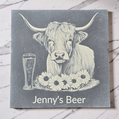 Personalised Highland Cow Slate Coaster (Gin, Wine, Beer, coffee and Bubbly)