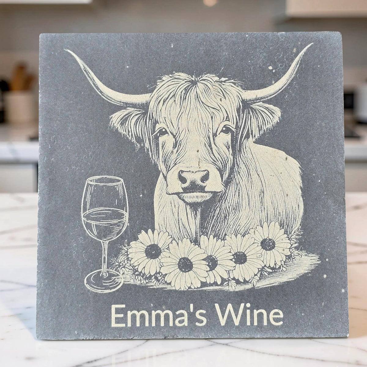 Personalised Highland Cow Slate Coaster (Gin, Wine, Beer, coffee and Bubbly)