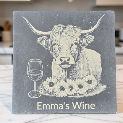 Personalised Highland Cow Slate Coaster (Gin, Wine, Beer, coffee and Bubbly)