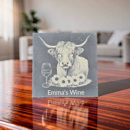 Personalised Highland Cow Slate Coaster (Gin, Wine, Beer, coffee and Bubbly)