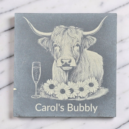 Personalised Highland Cow Slate Coaster (Gin, Wine, Beer, coffee and Bubbly)