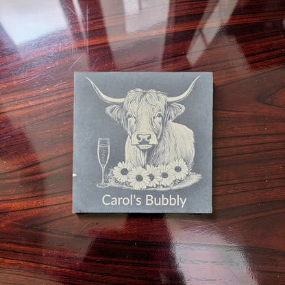 Personalised Highland Cow Slate Coaster (Gin, Wine, Beer, coffee and Bubbly)