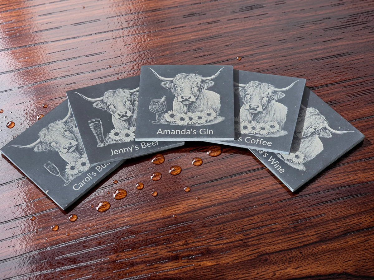 Personalised Highland Cow Slate Coaster (Gin, Wine, Beer, coffee and Bubbly)