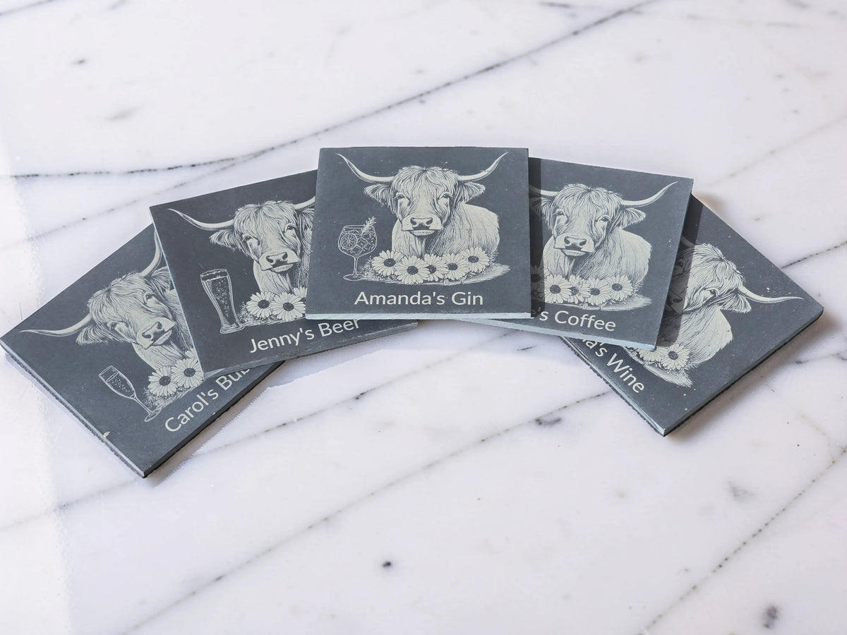 Personalised Highland Cow Slate Coaster (Gin, Wine, Beer, coffee and Bubbly)