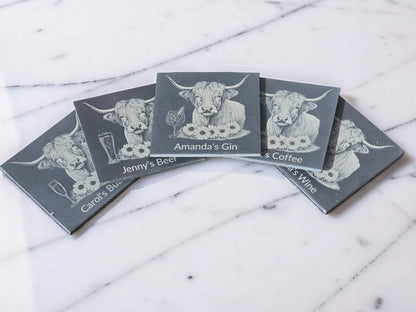 Personalised Highland Cow Slate Coaster (Gin, Wine, Beer, coffee and Bubbly)