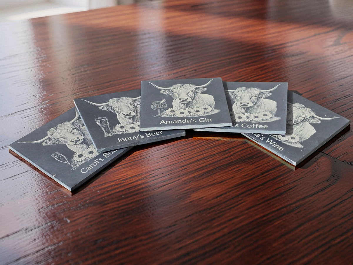 Personalised Highland Cow Slate Coaster (Gin, Wine, Beer, coffee and Bubbly)