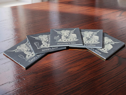 Personalised Highland Cow Slate Coaster (Gin, Wine, Beer, coffee and Bubbly)