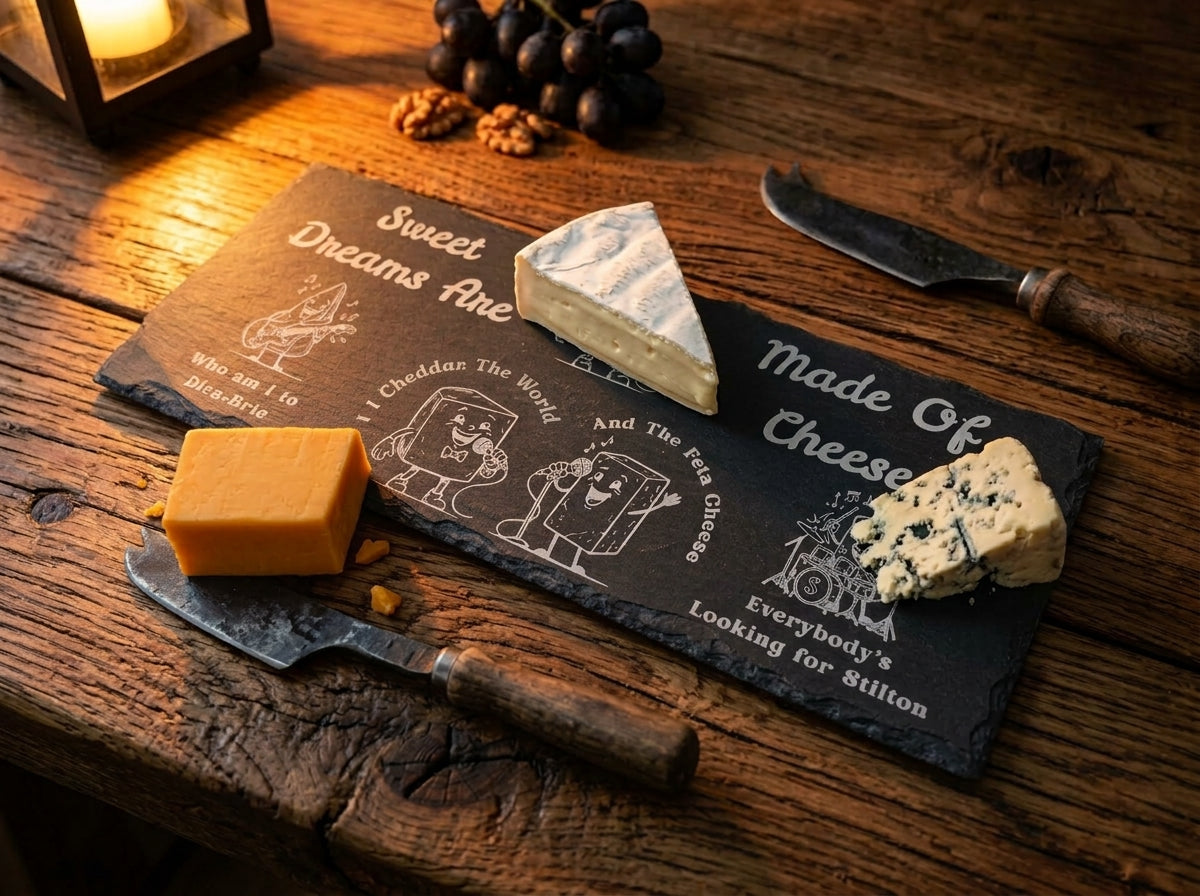 Engraved slate board with cheese puns, displayed with assorted cheeses and rustic knives on a dark wooden table.