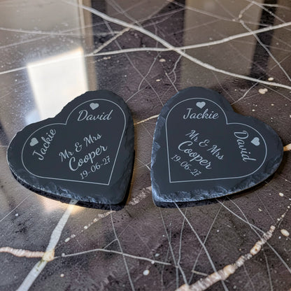 Personalised Heart Slate Coaster - Wedding & Anniversary Gift