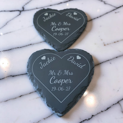 Personalised Heart Slate Coaster - Wedding & Anniversary Gift