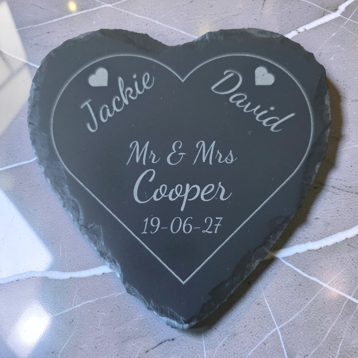 Personalised Heart Slate Coaster - Wedding & Anniversary Gift