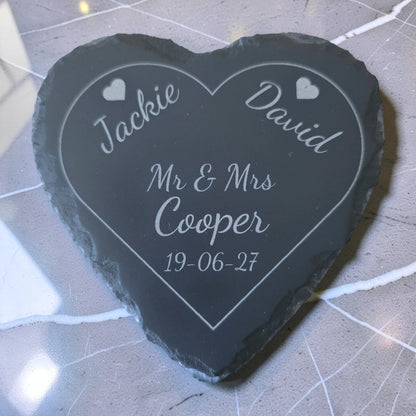 Personalised Heart Slate Coaster - Wedding & Anniversary Gift