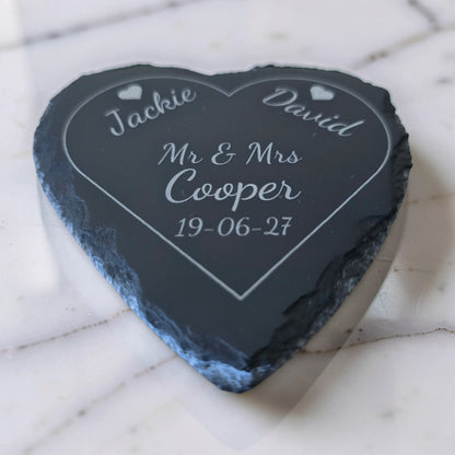Personalised Heart Slate Coaster - Wedding & Anniversary Gift