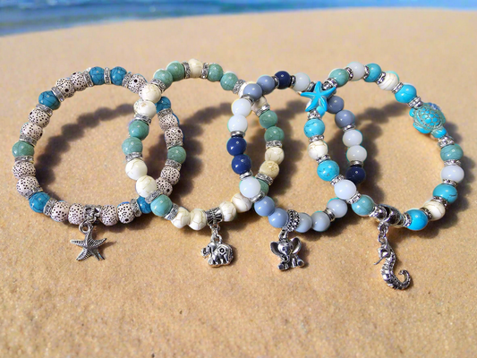 Beaded charm bracelet - One size elastic bracelet - Various designs available
