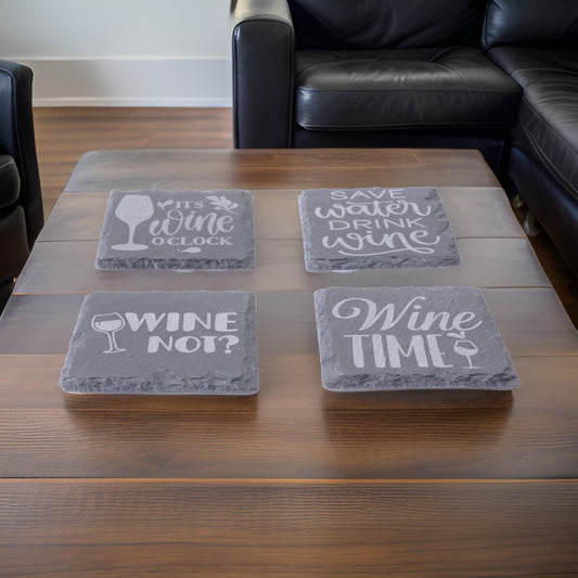 4 pack etched slate coasters - Wine Time hand etched table mats