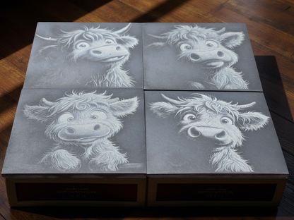 Four slate coasters with engraved  highland cow designs on a wooden surface