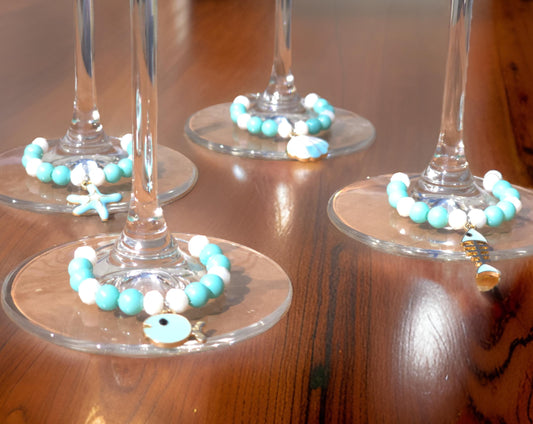 Ocean Theme Enamel Wine Glass Charms - 4 pack drinks decorations with various ocean charms
