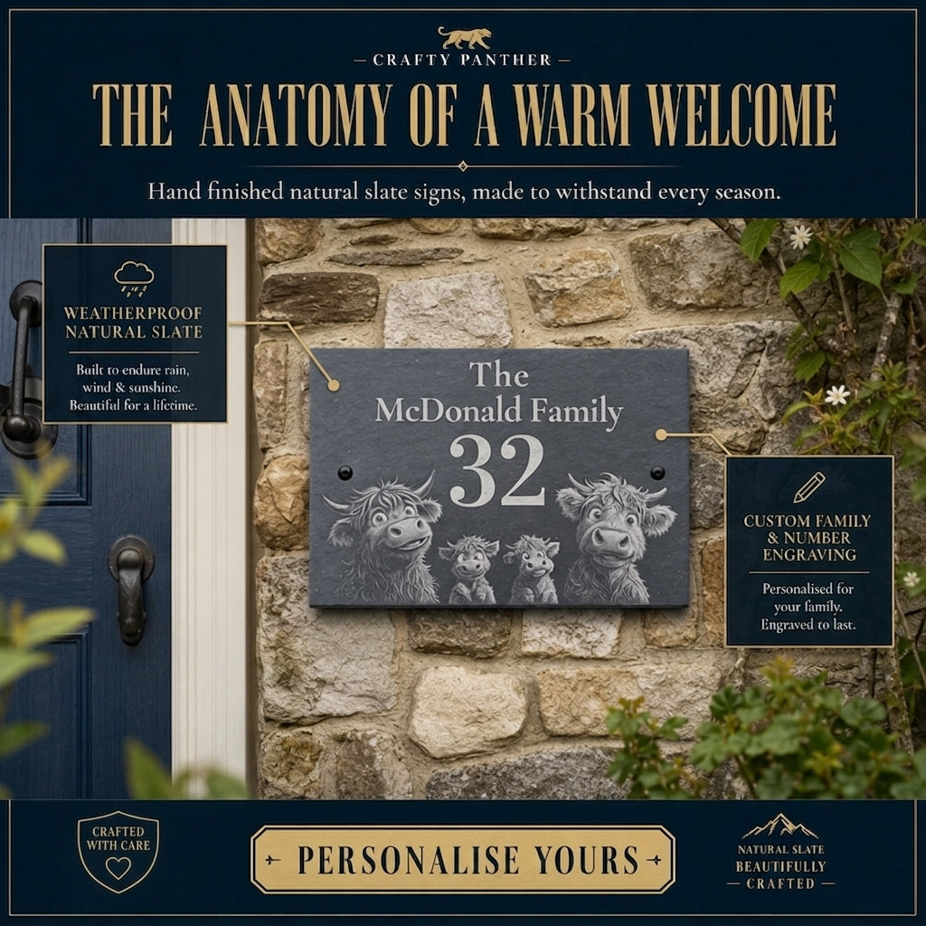 Engraved slate house sign on a stone wall with a custom family name, house number, and four highland cows.
