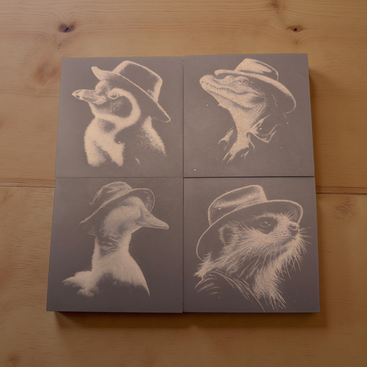 Animals in Hats - 4 pack slate coaster set of cute critters in fedora hats