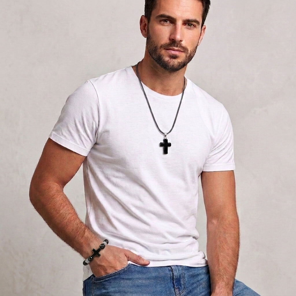 Men’s Polished Black Stone Cross Bracelet & Necklace Set