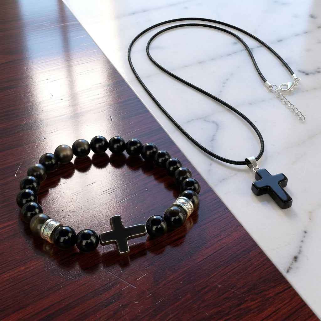 Men’s Polished Black Stone Cross Bracelet & Necklace Set