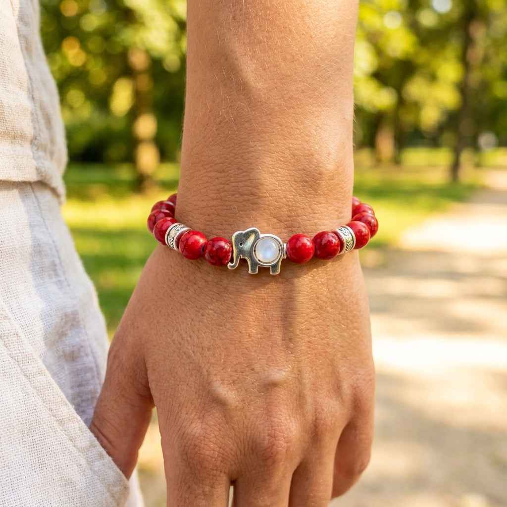 Red Marble Effect Beaded Elephant Bracelet - 6 inch