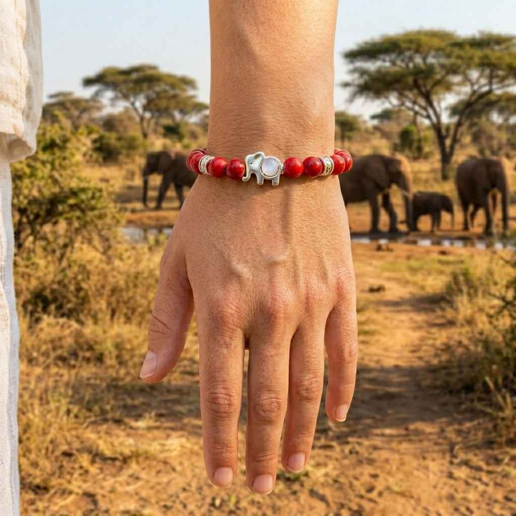 Red Marble Effect Beaded Elephant Bracelet - 6 inch