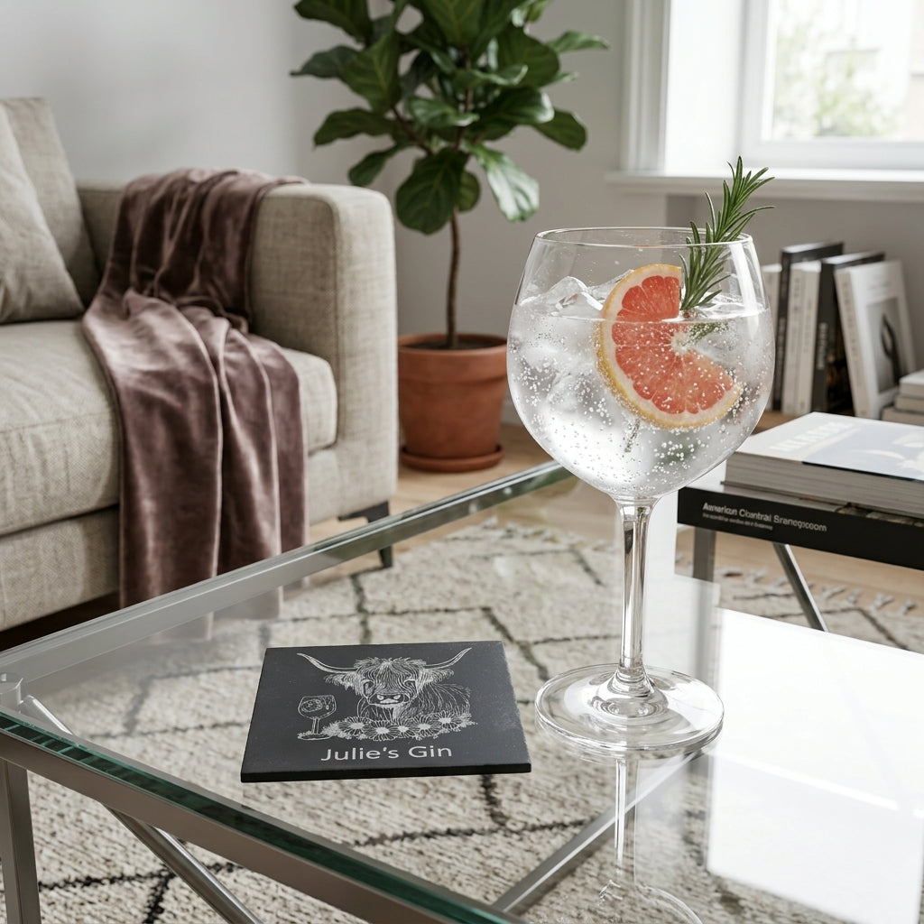 A glass of gin with a grapefruit slice and rosemary garnish sits on a glass coffee table beside a black square coaster printed with personalised text 'Julie's Gin' and a highland cow image . The scene is set in a modern living room with a sofa, plant, and books in the background.