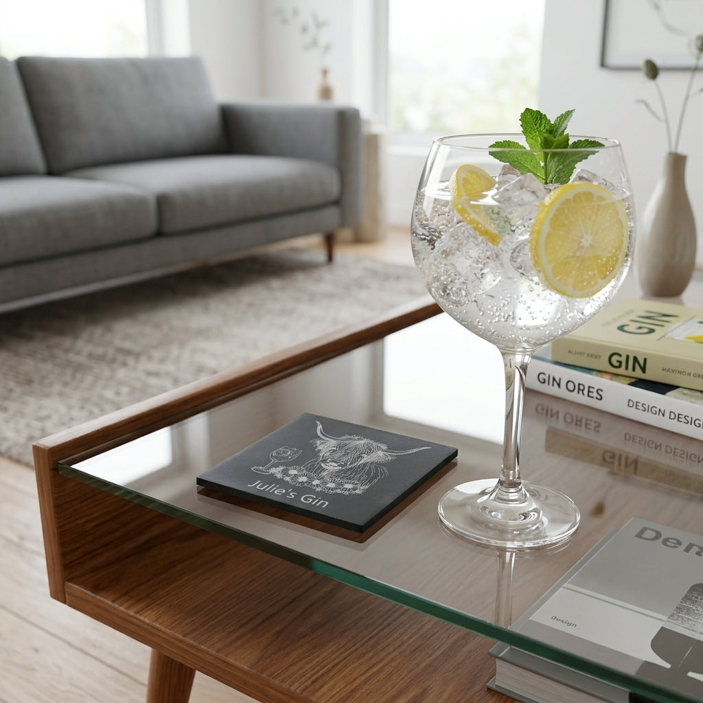 A clear gin glass filled with ice, lemon slices, and mint, placed on a glass-top wooden coffee table in a modern living room. A black square coaster with a white highland cow and the text 'ANNE'S GIN' rests on the table.