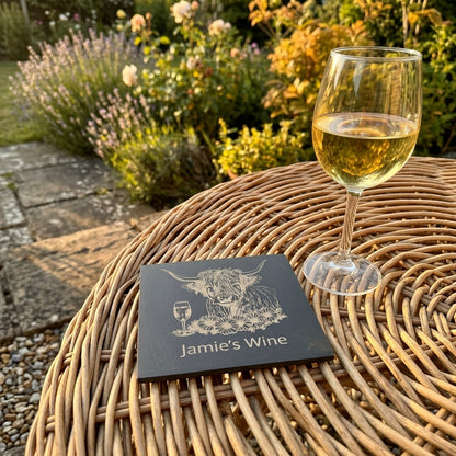 Personalised Highland Cow Coaster with Your Name's Wine Text