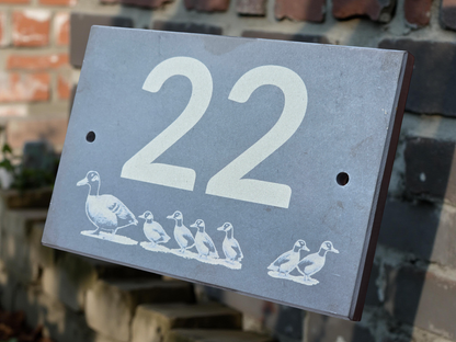 House number slate sign with duck and ducklings - Plaque with fittings