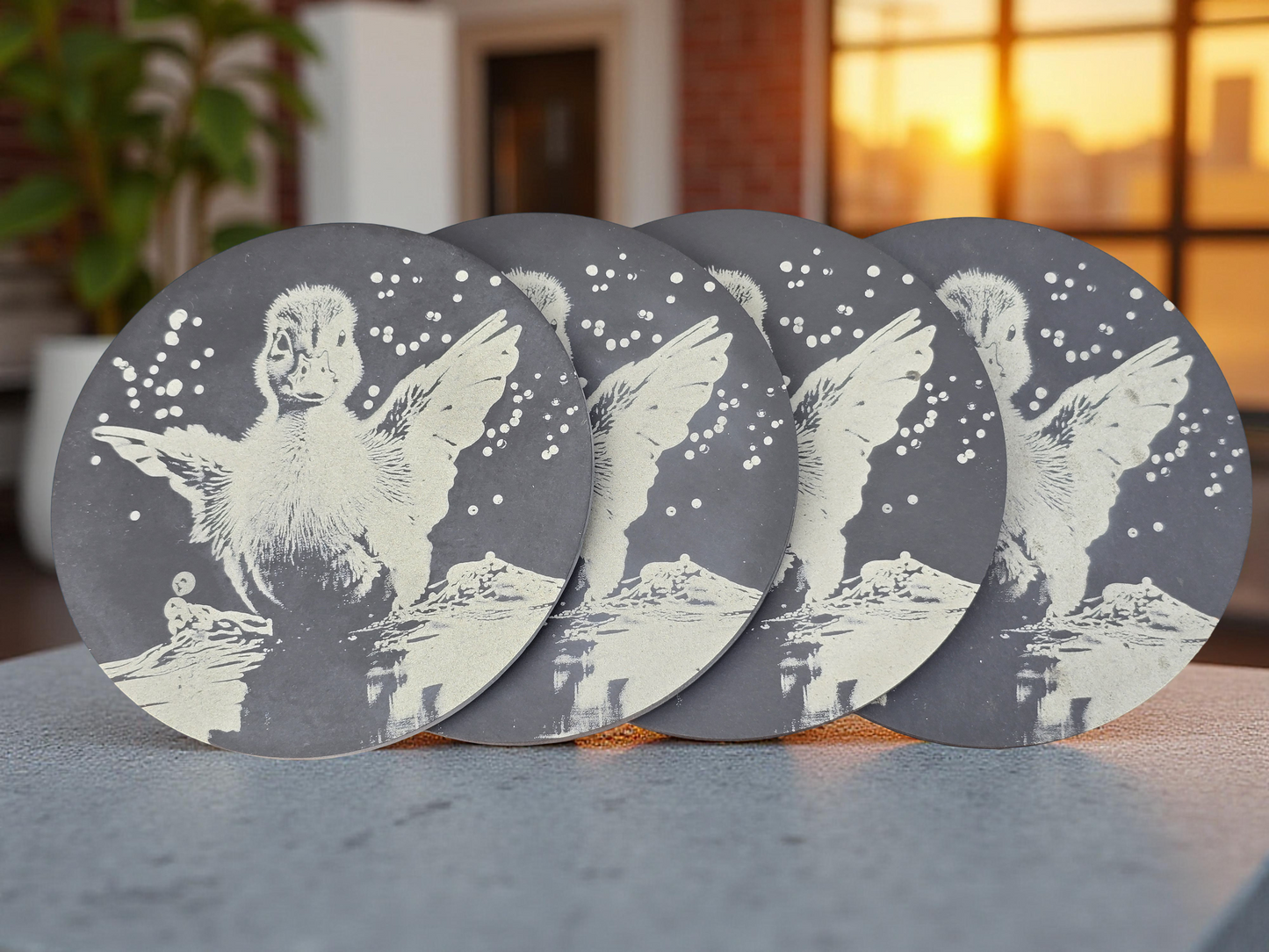 Duckling Round Slate Coaster - Cute Duck Themed Drinks Mat