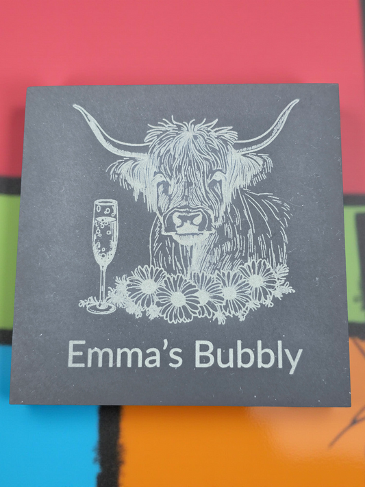 Personalised Highland Cow Slate Coaster - "Your Name's Bubbly" Text