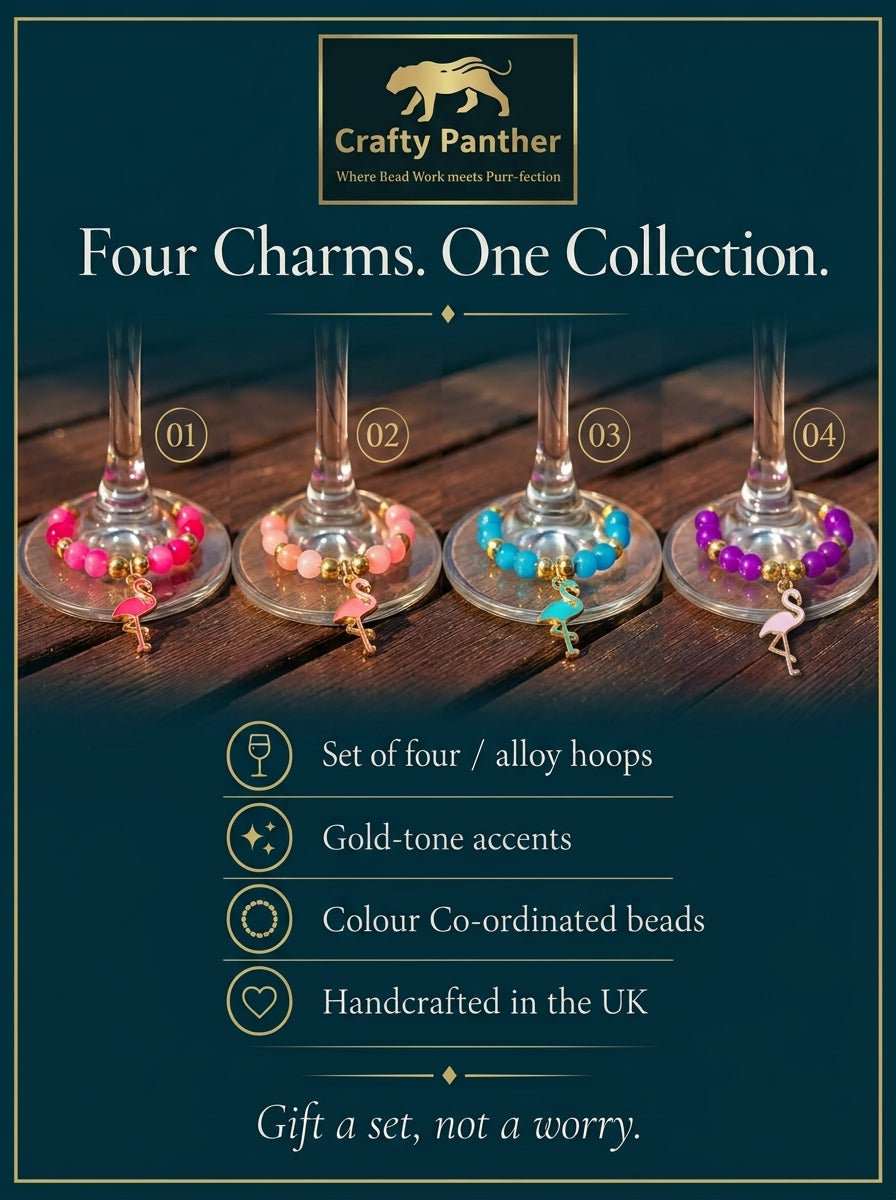 A promotional graphic for Crafty Panther showing four beaded wine glass charms displayed on the bases of wine glasses over a dark wood surface. The text reads "Four Charms One Collection"