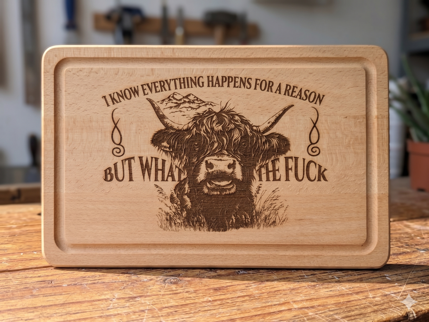 "What the F**k" Beech Wood Chopping Board - Highland Cow