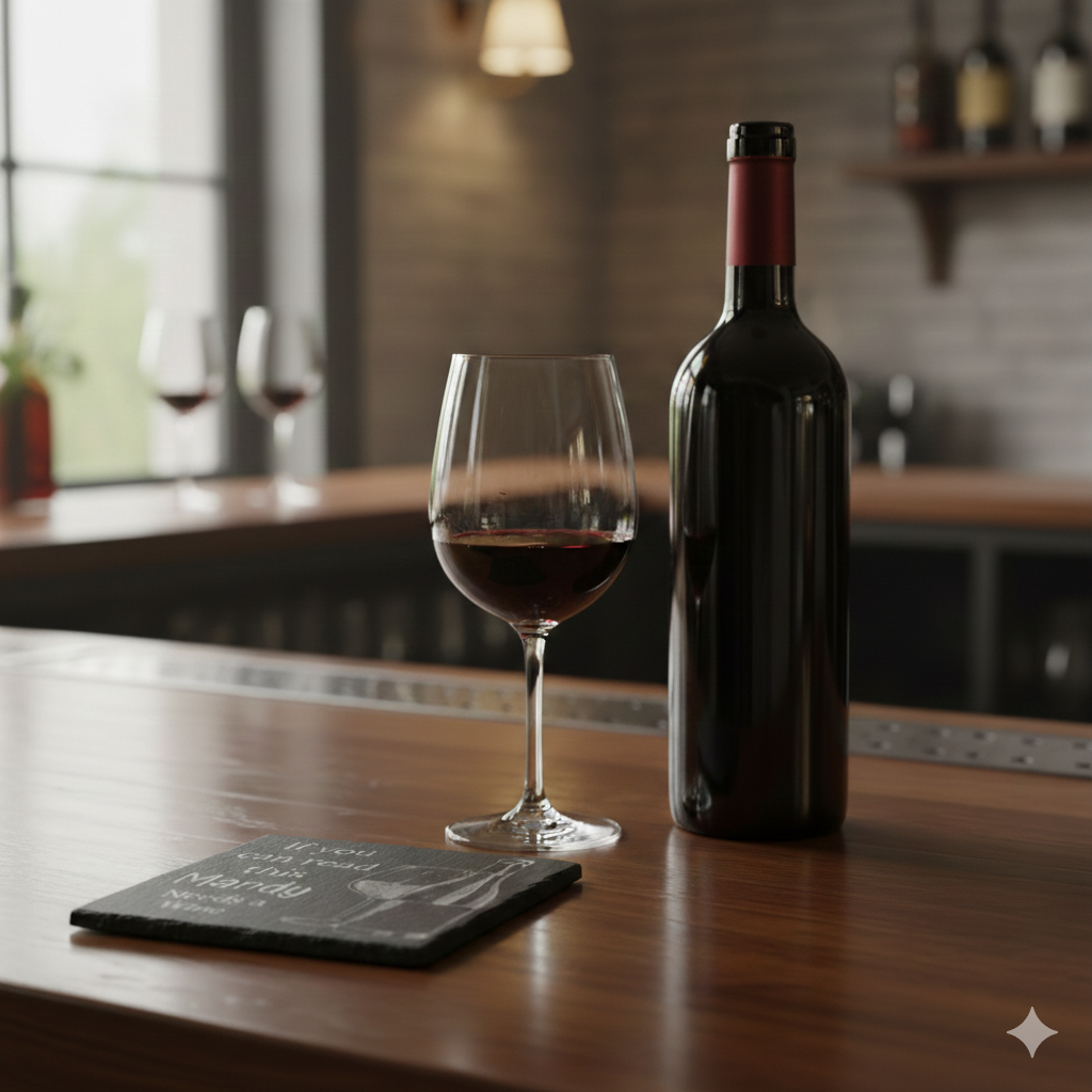 A personalised slate coaster sits on a home bar next to a bottle of wine and a glass of red wine. 