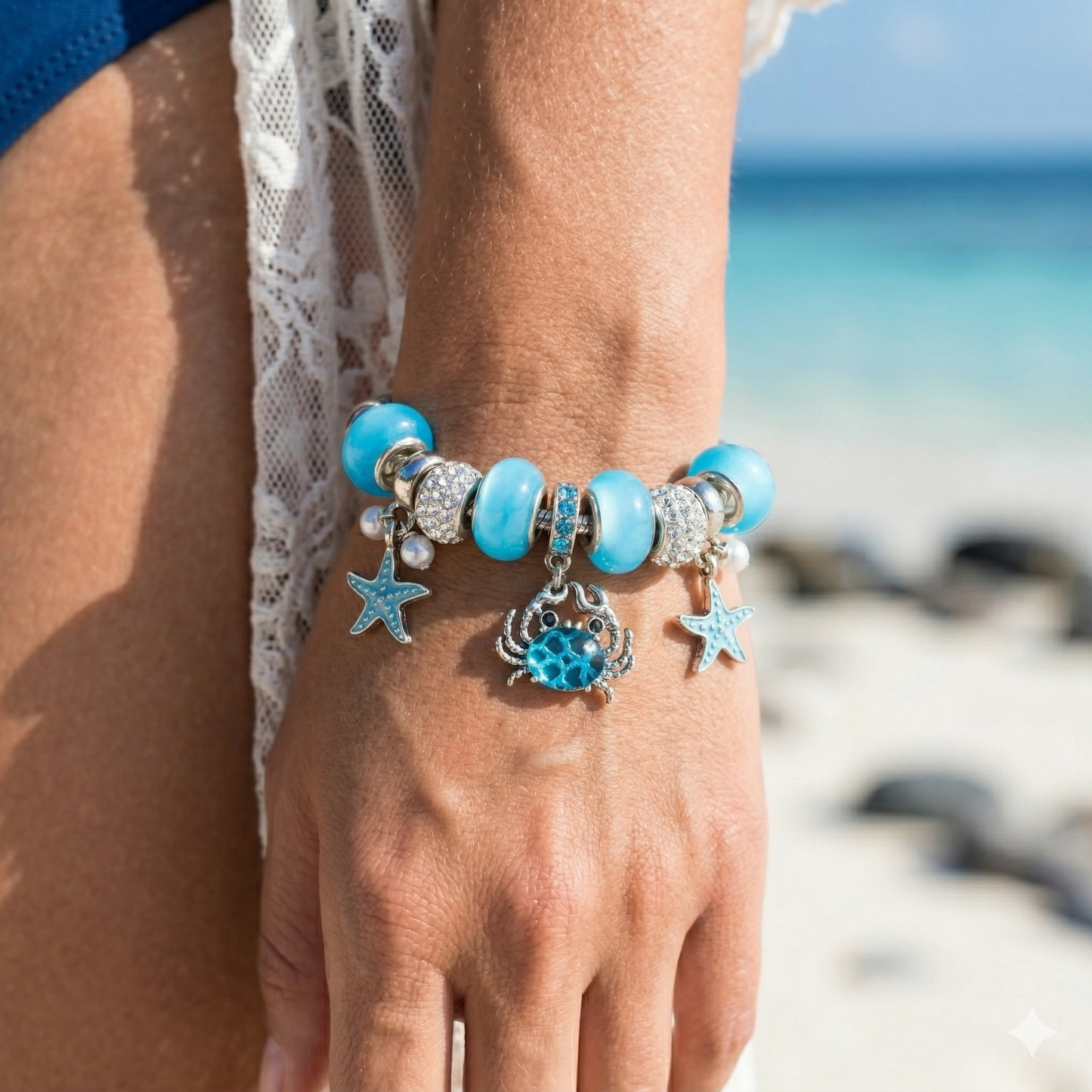 Blue Crab & Starfish Snake Chain Charm Bracelet