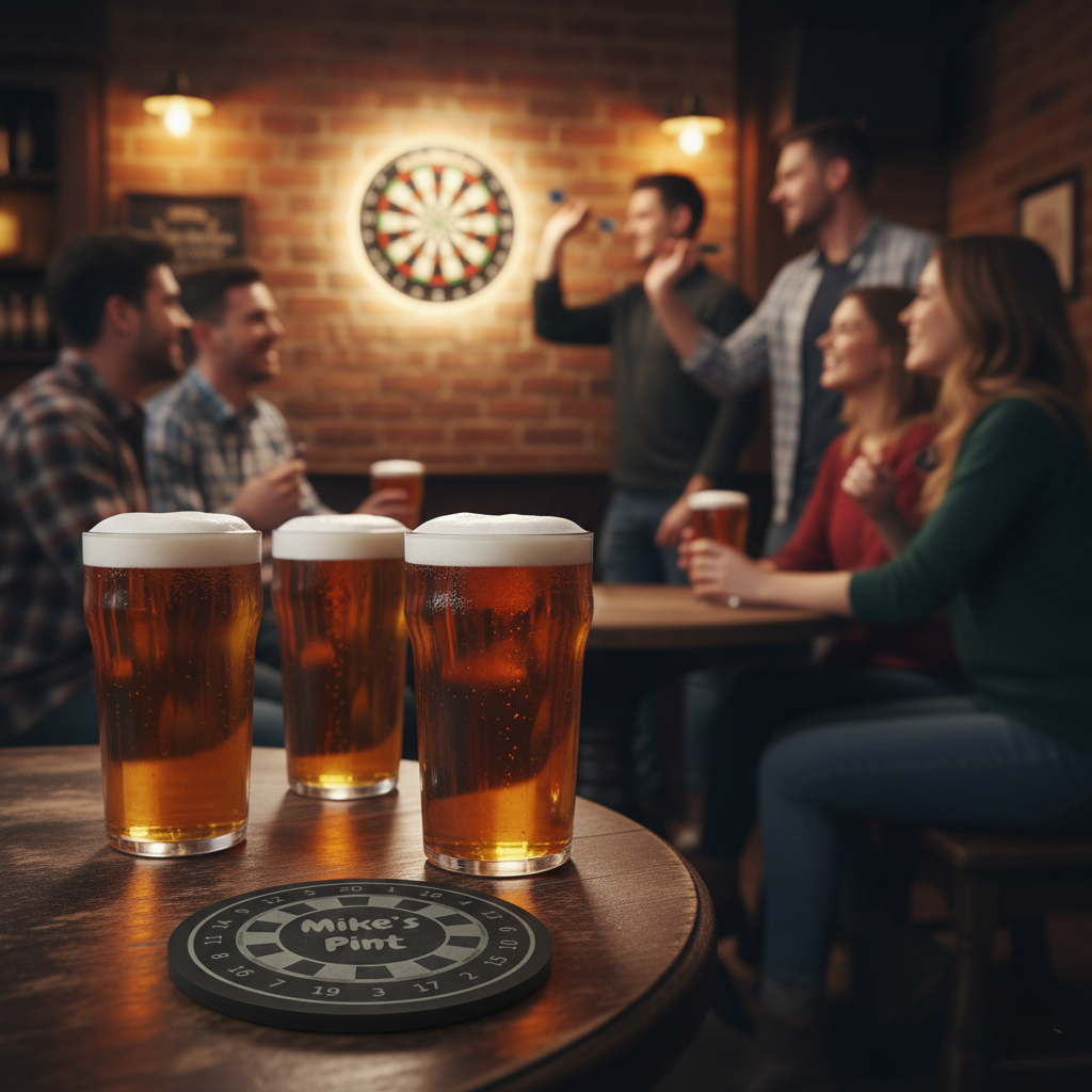 custom slate dartboard beer mat next to pints of beer