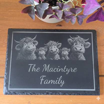 Customised Highland Cow Family Cheese Slate / Serving Board