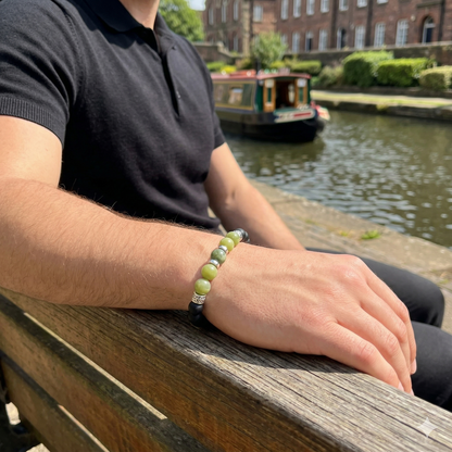 Men's Green and Black Beaded Bracelet with Elasticated Band